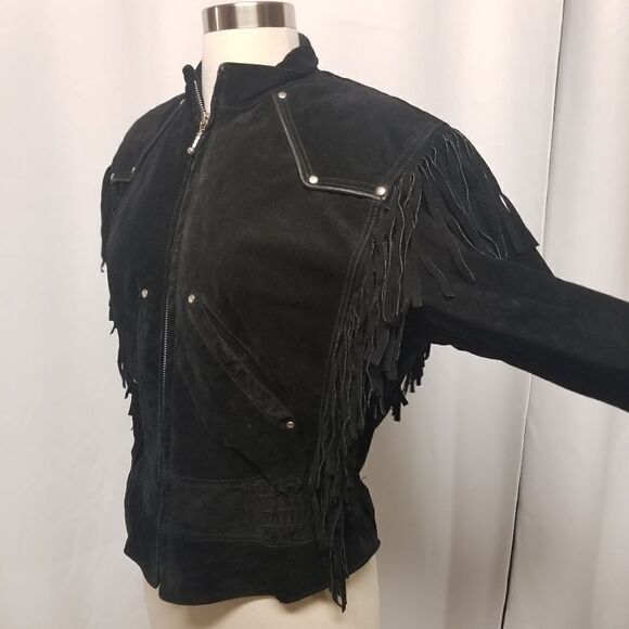 Vintage 90s y2k Wilsons Leather Jacket Western Fringe Black Suede Punk Rock Md - Picture 7 of 10